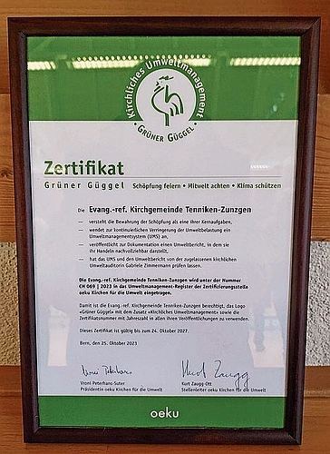 Das Zertifikat ist ein Meilenstein in der Geschichte der reformierten Kirchgemeinde Tenniken-Zunzgen.