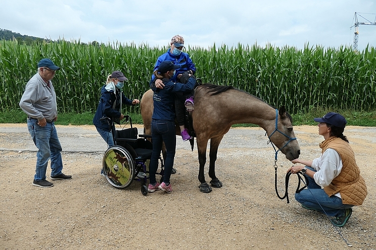 Entspannt und glücklich wird die halbseitig gelähmte Patientin sicher vom Hippotherapiepferd gehoben und in den mit Pferden verzierten Rollstuhl gesetzt.