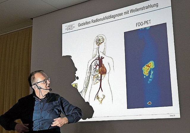 Martin Béhé erklärte anschaulich den langen Werdegang mit der nötigen Diagnostik bis zum möglichen Einsatz eines radioaktiven Medikaments gegen Krebs.