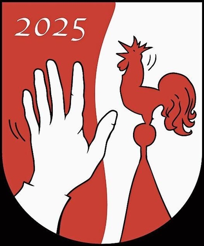 Das Logo der Feierlichkeiten, von Heinke Torpus entworfen, mit der Hand, welche den krähenden Hahn  begrüsst.