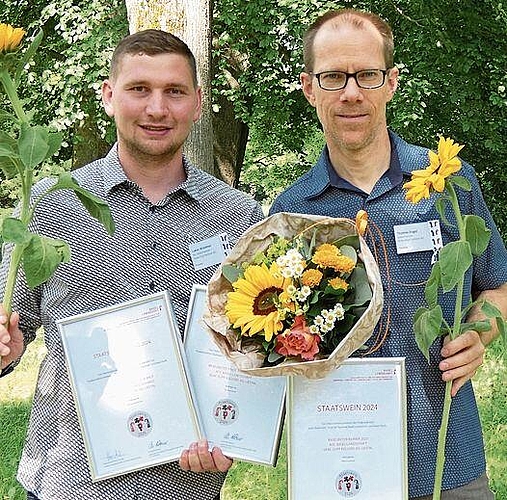 Thomas Engel und Lukas Wiedmer von der Sibe Dupf Kellerei holten mit dem «Baselbieter Kerner» Gold, mit dem «Baselbieter Pinot Noir Rosé» Silber und mit dem «Cuvée d’Or Vin Mousseux Brut» Bronze.