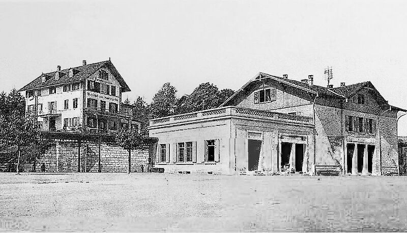 Stationshof Liestal zur Zeit der Bahngründung. Im Hintergrund der «Schützengarten».
